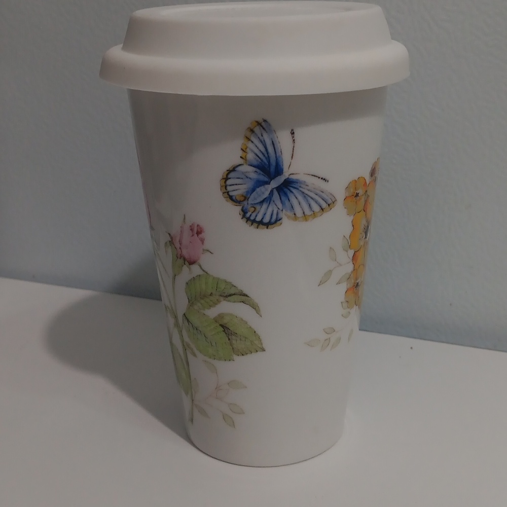 Lenox BUTTERFLY MEADOW 12oz Thermal Travel Mug - Pink/Yellow Floral - Picture 3 of 5